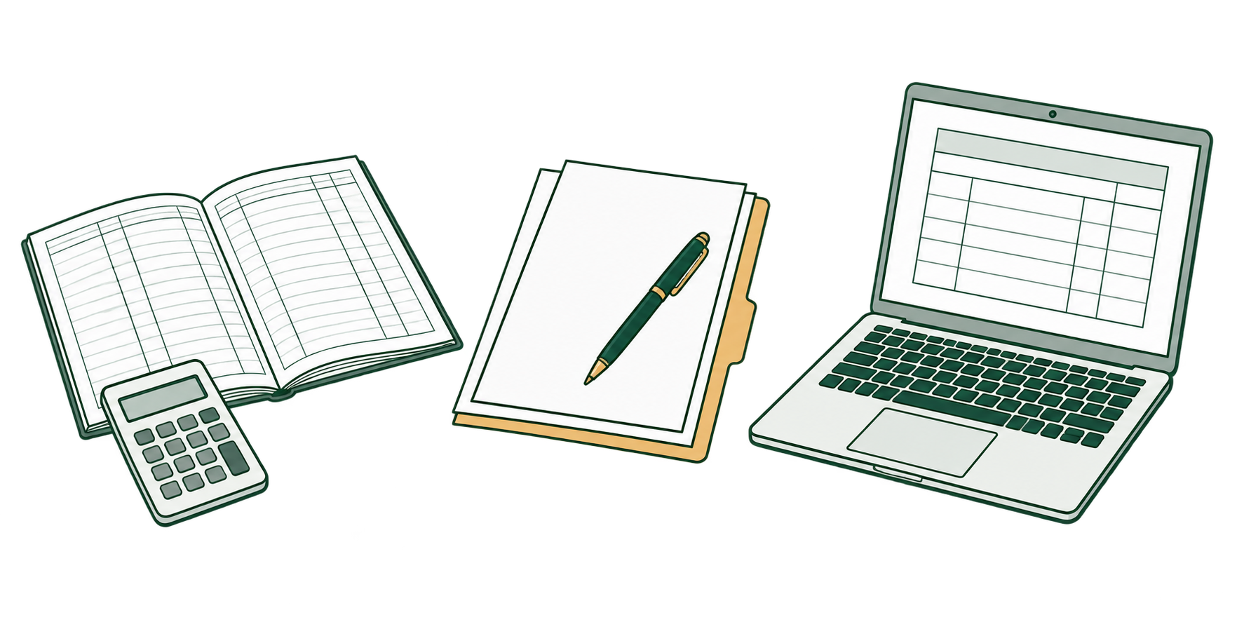帳簿、契約書、請求書を表示したパソコンのイラスト